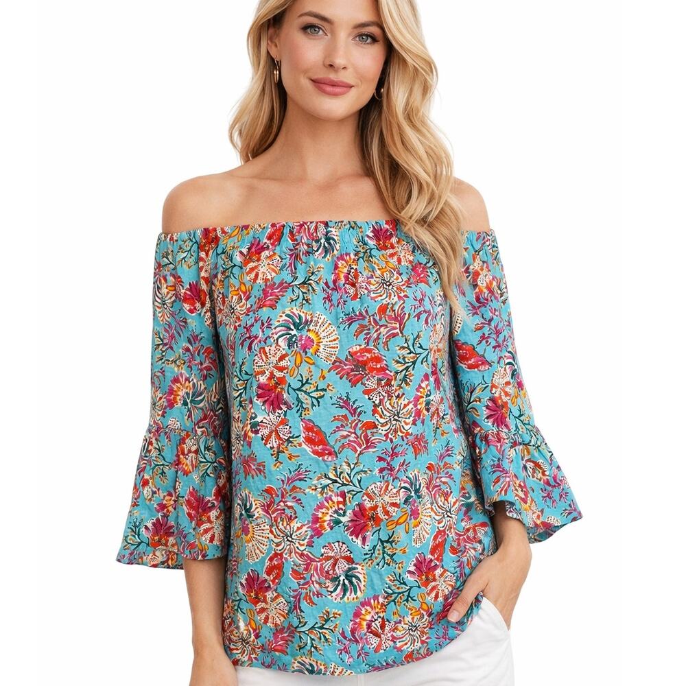 Stella Parker Colorful Tropical Top Womens Medium Turquoise Floral Cotton Blouse